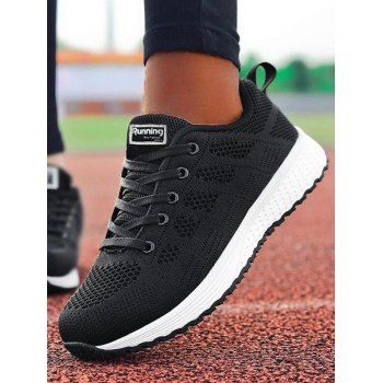 

Letter Applique Breathable Lace Up Running Shoes, Black