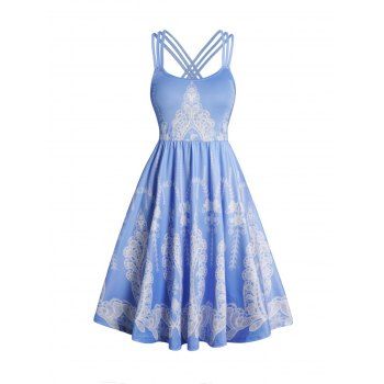 

Flower Printed Dress Spaghetti Strap Sleeveless High Waisted A Line Mini Dress, Light blue