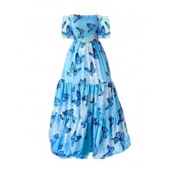 

Butterfly Floral Print Off The Shoulder Tiered Maxi Dress Ruffles Puff Sleeve Shirred High Waist Dress, Blue