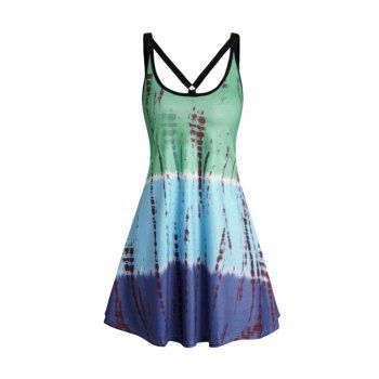 

Tie Dye Ombre Print Mini Dress O Ring Elastic Strap Sleeveless Tank Dress, Multicolor a