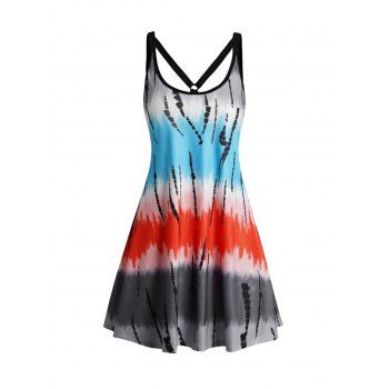 

Tie Dye Ombre Print Mini Dress O Ring Elastic Strap Sleeveless Tank Dress, Multicolor b