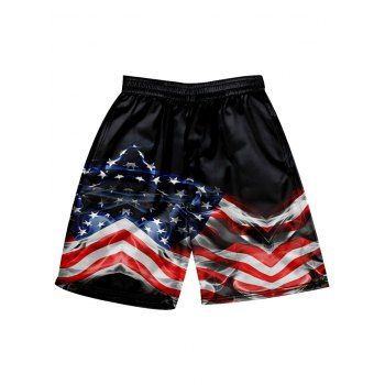 

Patriotic Shorts American Flag Print Elastic Waist Casual Beach Shorts, Black