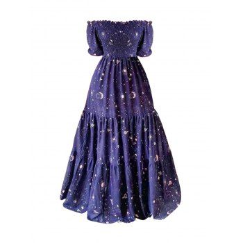 

Celestial Sun Moon Star Allover Print Maxi Tiered Dress Shirred Ruffles Off The Shoulder Puff Sleeve Dress, Deep blue