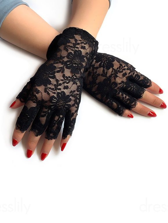 Gants en Dentelle Transparente Fleur Style Gothique - Noir 1 PAIR