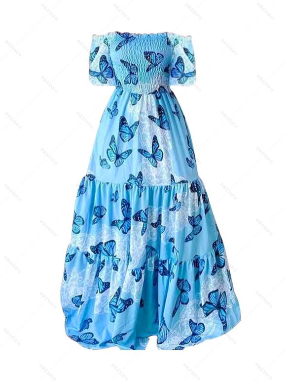 Robe Superposée Froncée à Imprimé Fleurie Papillon à Epaule Dénudée à Taille Haute à Volants - Bleu L