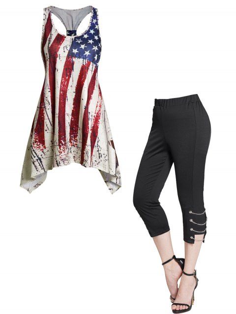 American Flag Print Asymmetric Tank Top And Solid Color Chain Lace Up Cropped Pants Patriotic Outfit