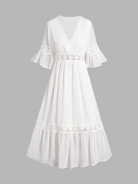 Floral Guipure Lace Details Midi Dress Surplice Plunge High Waist Short Sleeve Chiffon Dress