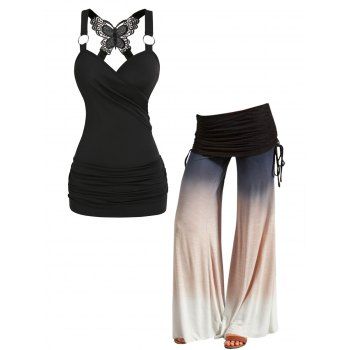 

Ruched Butterfly Lace O Ring Tank Top And Ombre Print Cinched Foldover Elastic Waist Wide Leg Pants Outfit, Multicolor