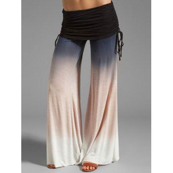 

Ombre Print Wide Leg Pants Cinched Foldover Elastic Waist Long Relaxed Pants, Light coffee