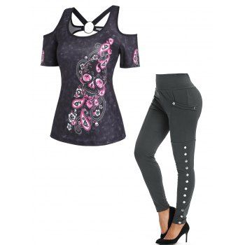 

Paisley Skull Print Tee and Pockets Snap Button Leggings Outfit, Multicolor