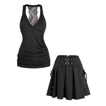 

Flower Lace Panel Crossover Tank Top And Lace Up Buckle Strap Foldover Pleated A Line Mini Skirt Casual Outfit, Black