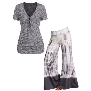 

Lace Up Plunge Pocket Patches Heathered Knit Tee And Tie Dye Print Low Waist Flare Wide Leg Pants Outfit, Gray