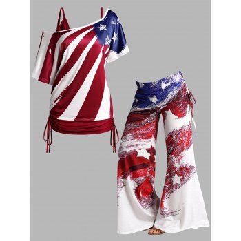 

American Flag Print T Shirt Ruched Long Tank Top And Cinched Foldover Wide Leg Pants Patriotic Outfit, Multicolor