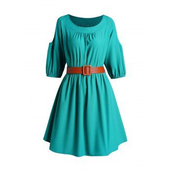 

Cut Out Half Sleeve Belted Mini Dress Solid Color Elastic Waist Dress, Green