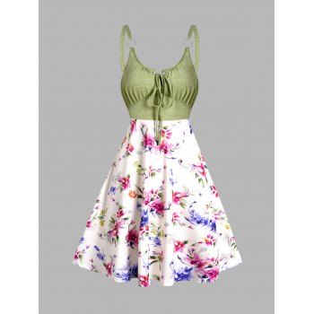 

Contrast Colorblock Dress Flower Print Lace Up Empire Waist Sleeveless A Line Midi Dress, Light green