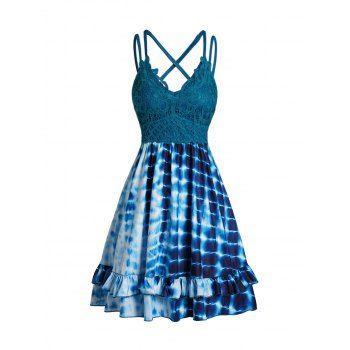 

Tie Dye Print Mini Dress Guipure Crisscross Adjustable Strap Flounce High Waist Cami Dress, Light blue