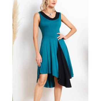 

Contrast Colorblock Panel Tank Dress Asymmetric Sleeveless Casual Dress, Deep green