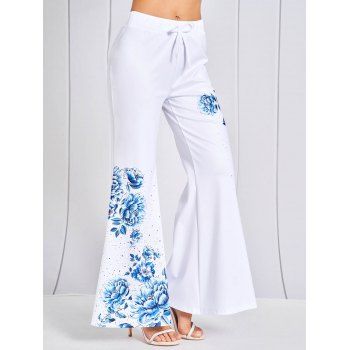 

Flower Print Pants Bowknot Tied Elastic Waist Wide Leg Long Pants, White