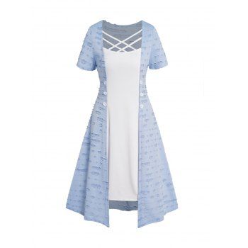 

Contrast Colorblock Faux Twinset Dress Destroyed Lattice Strap Destroyed Mock Button A Line Midi Twofer Dress, Light blue