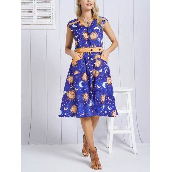 

Celestial Sun Moon Star Print Vintage Dress Half Button Belted Pocket Patched Cap Sleeve Dress, Blue