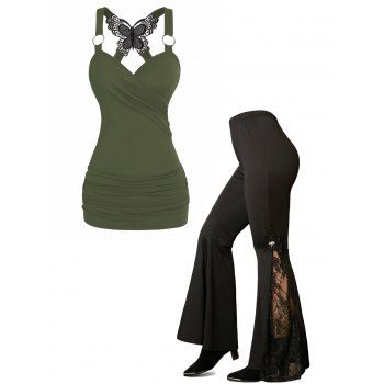 

Butterfly Lace Surplice Tank Top And Embroidery Applique Flower Lace Insert Bell Pants Gothic Outfit, Multicolor