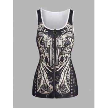 

Zip Up O Ring Tank Top Sketch Print Scoop Neck Tank Top, Black