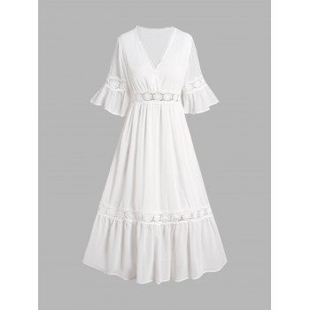 

Floral Guipure Lace Details Midi Dress Surplice Plunge High Waist Short Sleeve Chiffon Dress, White