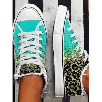 

Colorblock Leopard Print Frayed Hem Lace Up Flat Platform Outdoor Canvas Shoes, Green