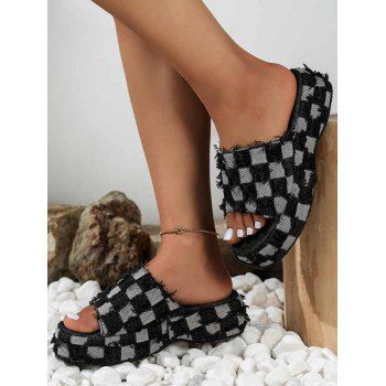 

Plaid Frayed Slip On Thick Platform Trendy Outdoor Slippers, Black