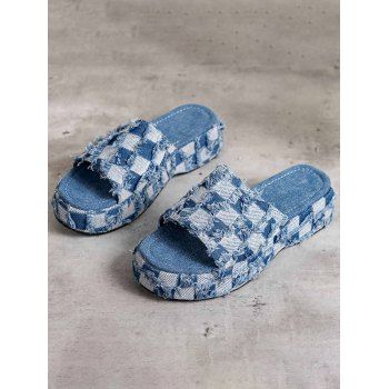 

Plaid Frayed Slip On Thick Platform Trendy Outdoor Slippers, Blue