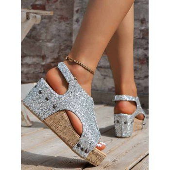 

Glitter Wedge Heels Buckle Strap Open Toe Outdoor Sandals, Silver
