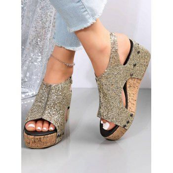 

Glitter Wedge Heels Buckle Strap Open Toe Outdoor Sandals, Golden
