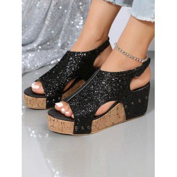 

Glitter Wedge Heels Buckle Strap Open Toe Outdoor Sandals, Black