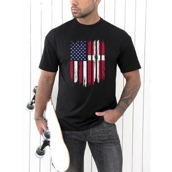 

American Flag Pattern T Shirt Star Striped Print Short Sleeve Round Neck Patriotic Tee, Black