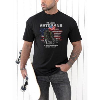 

Star And Stripe Boots Letter Print Graphic T-shirt Short Sleeve Round Neck Casual Patriotic Tee, Black