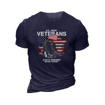 

Letter American Flag Graphic Print T-shirt Short Sleeve Round Neck Casual Tee, Deep blue