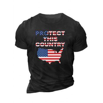 American Flag Map Slogan Print Graphic T-shirt Patriotic Short Sleeve Casual Tee, Black