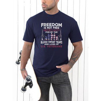 

Slogan Star And Stripe Soldier Graphic T-shirt Patriotic Short Sleeve Casual Tee, Deep blue