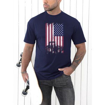 

Patriotic T Shirt Car American Flag Print Round Neck Short Sleeve Tee, Deep blue
