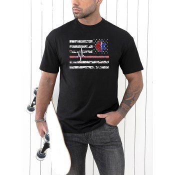 

Star And Stripe Print Graphic T-shirt Short Sleeve Round Neck Casual Tee, Black