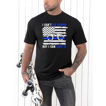 

Patriotic T Shirt American Flag Handcuffs Letter Print Round Neck Short Sleeve Tee, Black