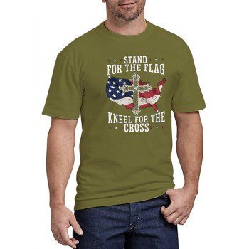 Star And Stripe Map Letter Print Graphic T-shirt Short Sleeve Casual Patriotic Tee, Deep green