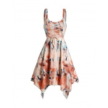 

Tie Dye Print Layered Asymmetric Midi Dress Lace Up Sleeveless Handkerchief Dress, Light coffee