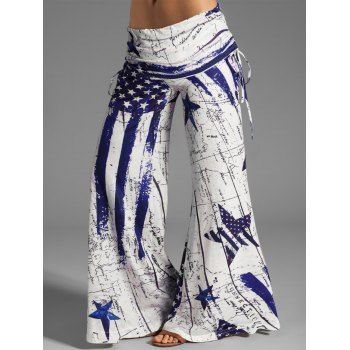 Star And Stripe American Flag Map Print Wide Leg Pants Cinched Foldover Patriotic Loose Pants, Blue