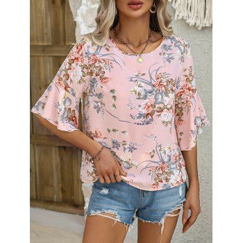 

Flutter Sleeve Flower Leaf Print Round Neck Blouse, Light pink