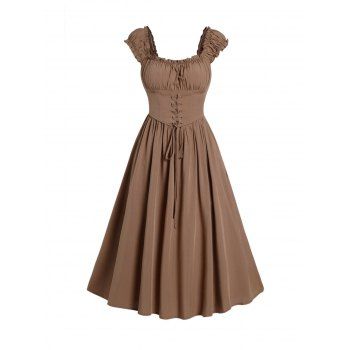 

Lace Up Vintage Midi Dress Square Neck Ruched Ruffles Cap Sleeve High Waist Dress, Coffee