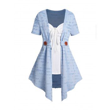 

Ripped Colorblock Cinched Tie Faux Twinset T-shirt Pointed Hem Short Sleeve Twofer Tee, Light blue