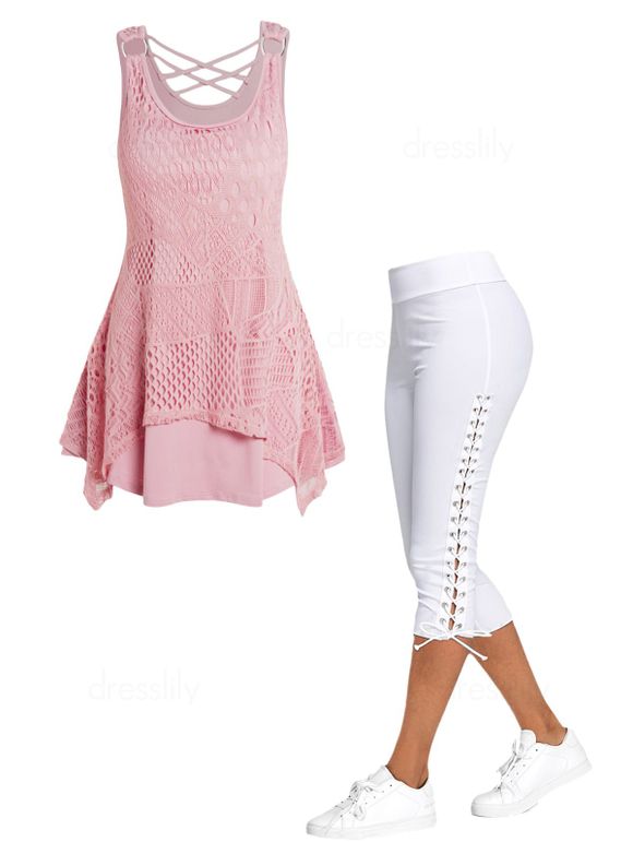 Ensemble de Legging Court Moulant à Lacets et Débardeur Évidé Croisé Superposé Anneau en O en Couleur Unie - multicolor S