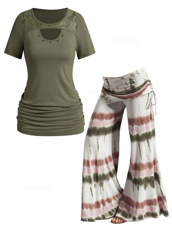 Ensemble de T-shirt Peekaboo Évidé Plissé Imprimé Découpé en Dentelle Couleur Unie et Pantalon Teinté à Jambe Large - multicolor S