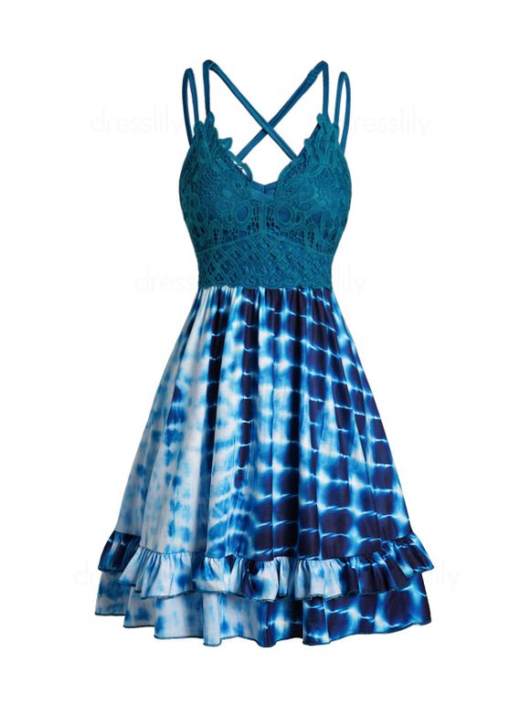 Tie Dye Print Mini Dress Guipure Crisscross Adjustable Strap Flounce High Waist Cami Dress - LIGHT BLUE XL